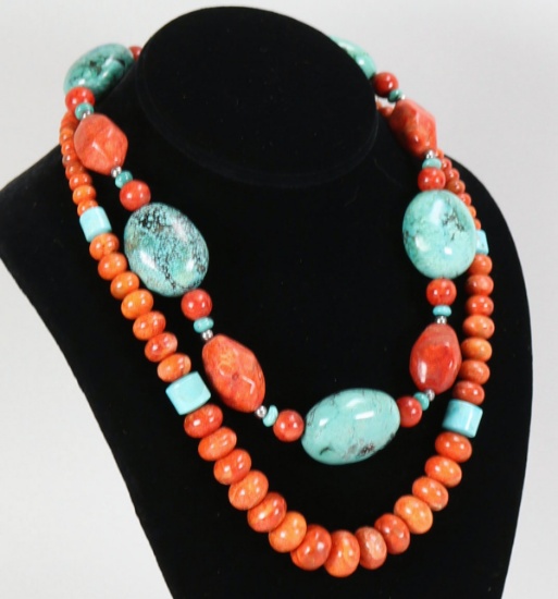 Southwest Style Turquoise & Coral Colored Stone Necklace