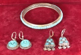 Turquoise Colored Stone & Silver Bracelet, Earrings