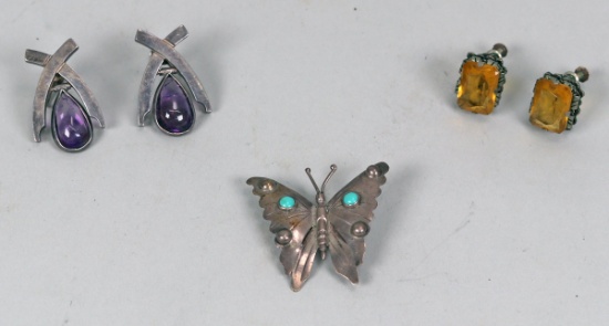 Sterling Silver Butterfly Brooch & Vintage Earrings