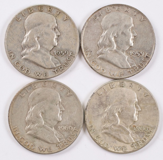 4 Franklin Silver Half Dollars; 1959P,1959D,1960P,1960D