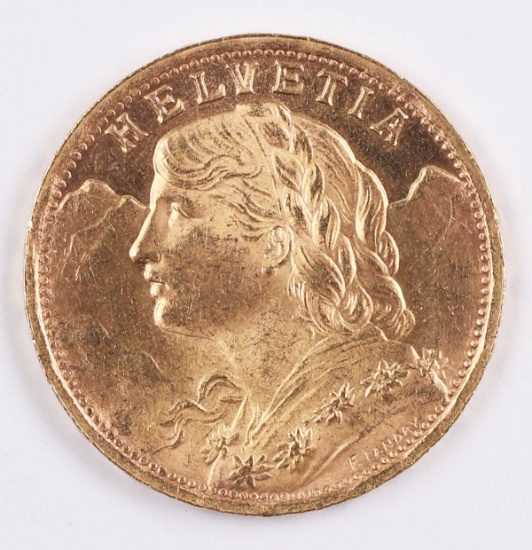 1935 Helvetia Swiss 20 Franc Gold Coin