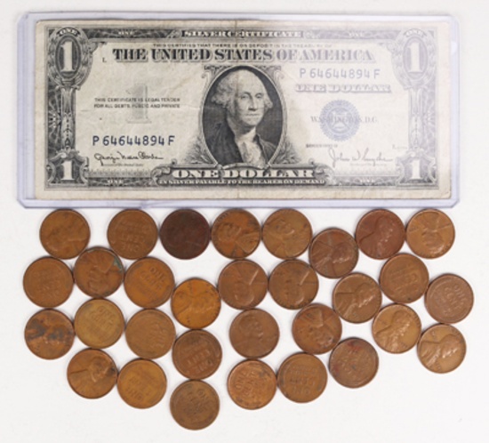 1935D $1 Blue Seal  Silver Certificate & 31 Wheat Pennies
