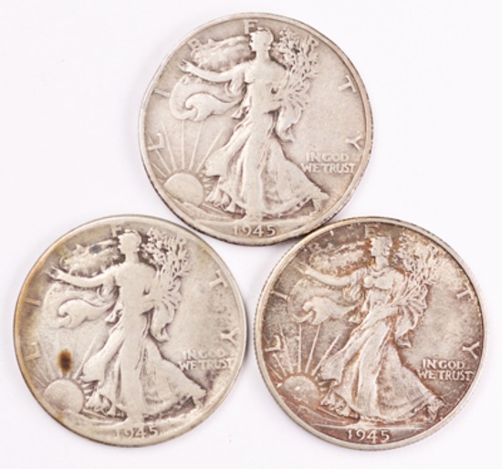 3 Walking Liberty Silver Half Dollars, 1945P/D/S