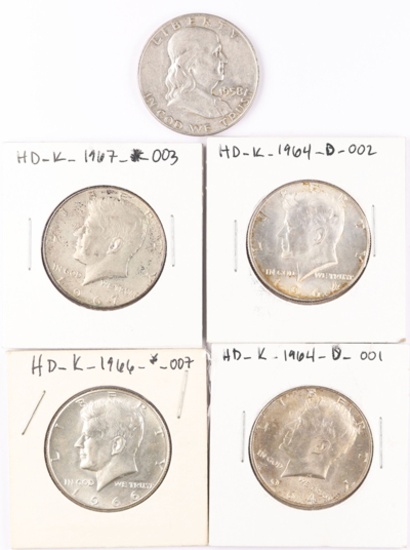 1958D Franklin Silver Half , 2 - 90% Silver Kennedy  Halves , 2 - 40% Silver Kennedy halves
