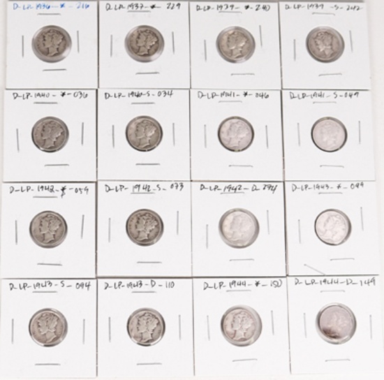 16 Mercury Silver Dimes, various dates/mints