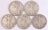 5 Walking Liberty Silver Half Dollars, 1943S,1944P/D/S, 1945P