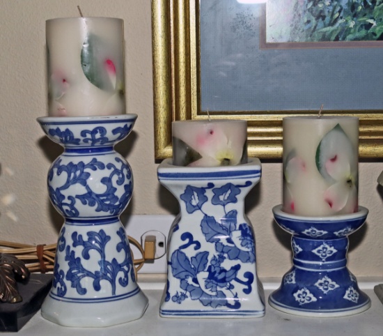 3 Blue & White Candle Holders w/ Candles