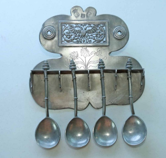 Pewter Soup Spoons w/ Display Holder