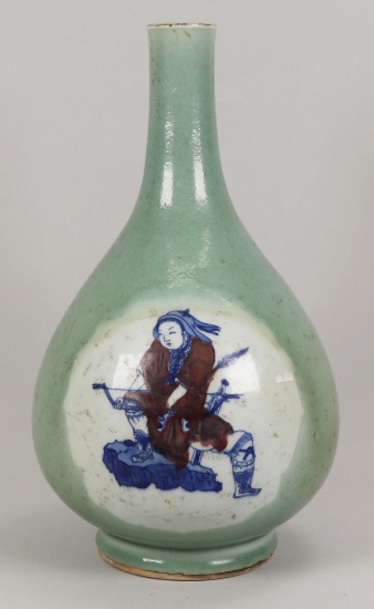 Chinese Celadon Vase with Underglaze Blue & Red Figure