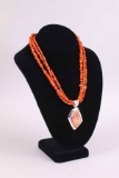 Coral Colored Multi Strand Beaded Necklace & Pendant, DRT .925