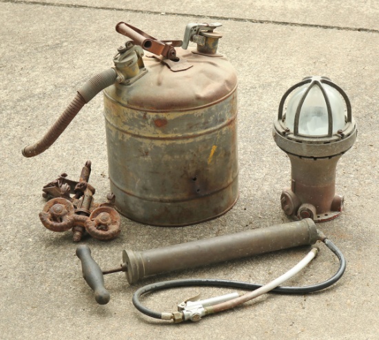 Old Fuel Tank, Brass Pump & Nautical Type Light