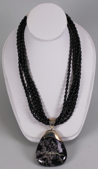 DTR .925 Black Coral 6 Strand Necklace w/Beautiful Black & Silver Pendant