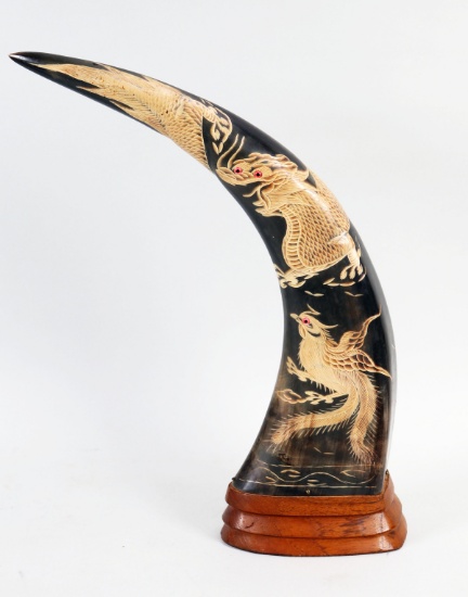 Carved Water Buffalo Horn - Phoenix & Dragon Figures, Thailand