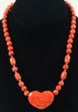 Coral Heart Stone Pendant & Beaded Necklace w/.925 Clasp (Adjustable)