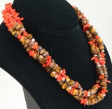 Tigers Eye & Coral Necklace, Marked R.B. Sterling