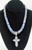 DRT Jay King Grey/Blue Gemstone (Chalcedony?) Necklace & Cross Pendant