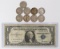 1957 $1 Blue Seal Silver Certificate Star Note & 9 Buffalo Nickels