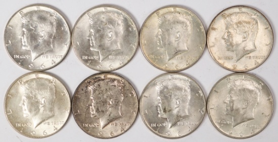 8 1964 Kennedy Half Dollars (90% Silver); 2-1964-P & 6-1964-D