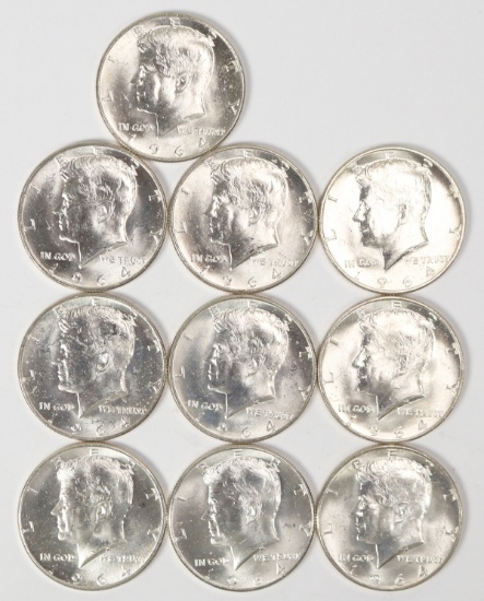 10 1964 Kennedy Half Dollars (90% Silver); 8 1964-D, 2-1964-P