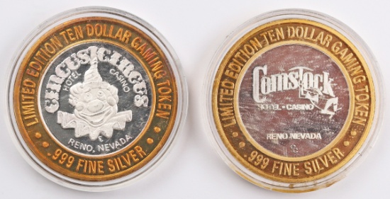 2 Limited Edition Ten Dollar .999 Fine Silver Gaming Tokens; Circus Circus &