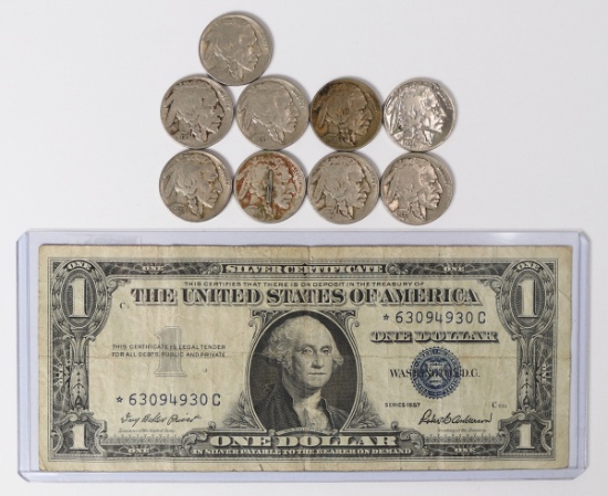 1957 $1 Blue Seal Silver Certificate Star Note & 9 Buffalo Nickels
