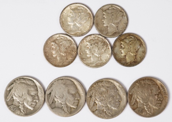 5 Mercury Head Silver Dimes & 4 Buffalo Nickels