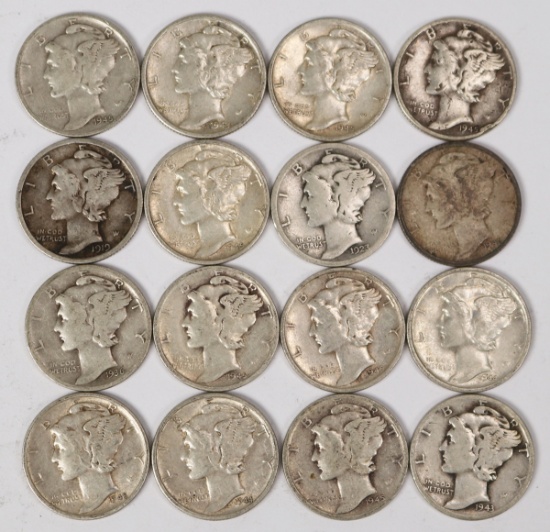 16 Mercury Silver Dimes, various dates/mints