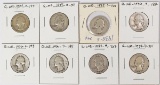 8 Washington Silver Quarters, various dates/mints