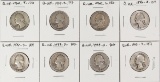 8 Washington Silver Quarters, various dates/mints