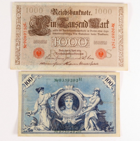 1000 Reichsbanknote - 1910,  100 Reichsbanknote - 1908