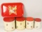 Vintage Empeco 4 Piece Canister Set & Red Floral Tray