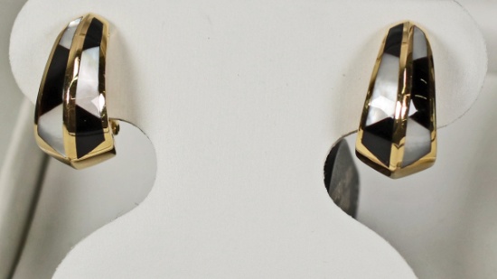 14 Gold Onyx, Pearl Inlaid Earrings,  7.3 Grams