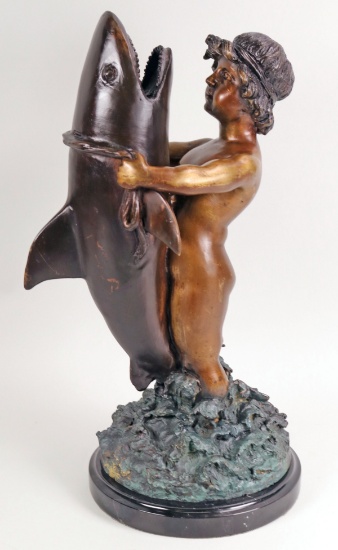 Bronze "Boy Holding Shark" Sculpture