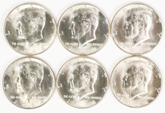6 1964-D Kennedy Half Dollars (90% Silver)