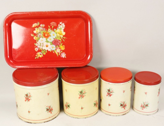 Vintage Empeco 4 Piece Canister Set & Red Floral Tray