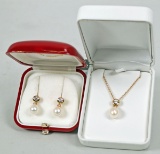 14k Pearl & Diamond Pendant, Chain & Earrings, 8.1 Grams