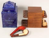 Porcelain Tobacco Jar, Wooden Pipe Stand and 2 Pipes