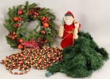 Porcelain Face Christmas Santa Tree Topper, Beaded Wooden Garland, &