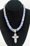 DTR Jay King Grey/Blue Gems Stone (Chalcedony?) Necklace & Cross