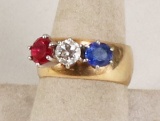 14k Diamond, Blue & Red Stones Ladies Ring,  Sz. 9, 10.1 Grams