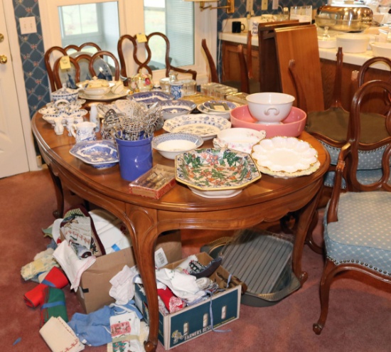 Tableware, Dining Room Table w/ Leaves & Chairs, Linens, China Cabinet Items