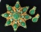 Gold Colored Brooch w/Green Stones & Matching Earrings