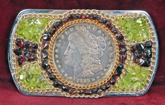 Silver Colored Belt Buckle w/1885P Morgan Silver Dollar
