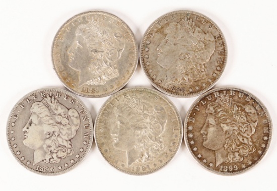 5 Morgan Silver dollars; 1881S, 1888O, 1896O, 1897O, 1899O