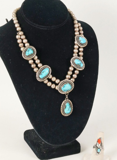 Silver Squash Blossom Necklace /Turquoise Stones & Silver Southwest Ring