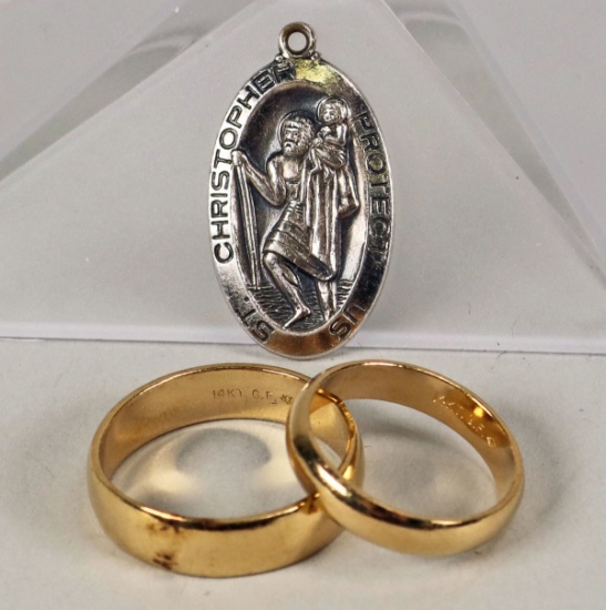 2 Gold Colored Wedding Bands, Sz. 7, 10 & St. Christopher Pendant