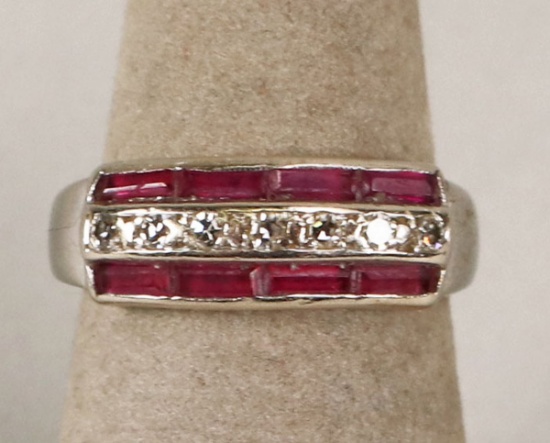 Silver Colored Ring w/ Ruby  & Clear Colored Stones, Sz. 6