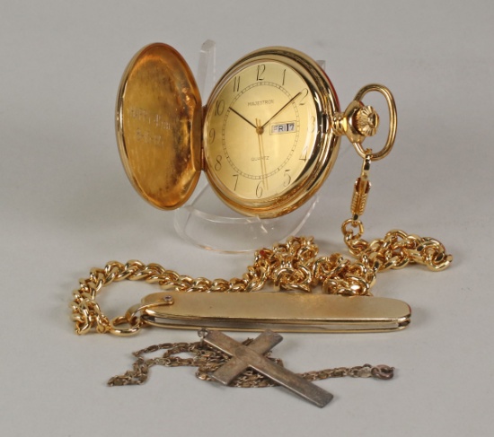 Gold Colored  Pocket Watch w/ Fob Knife & Silver Colored Cross w/ Chain