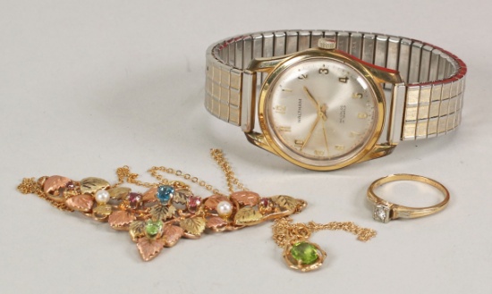 14k Gold Ring w/ Diamond, 10k Black Hills Gold Necklace & Waltham Watch