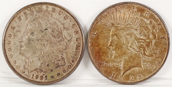 1921-S Morgan & 1922-P Peace Silver Dollars